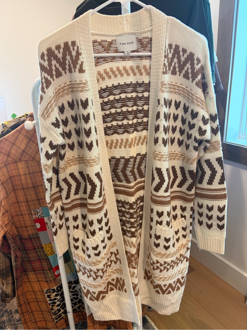 Pink Rose Cream and Brown Patterned Open-Front Cardigan Sweater